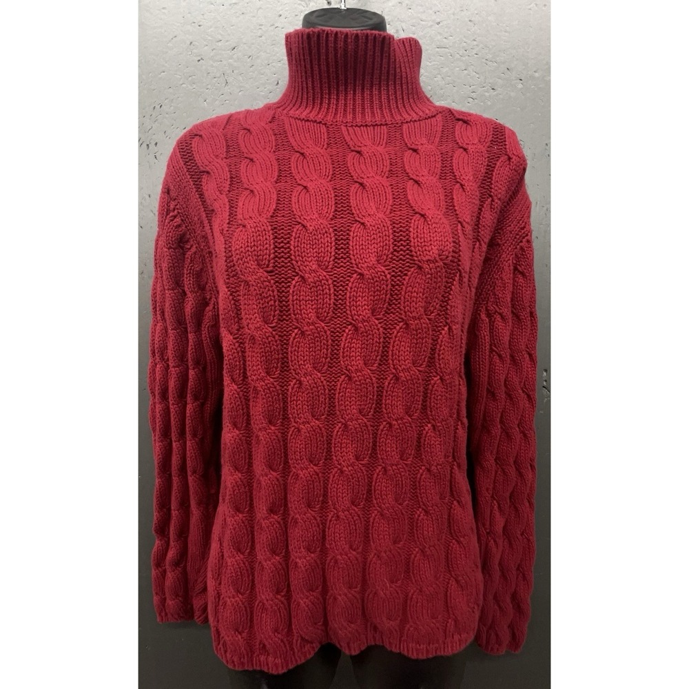 Vtg LL Bean Sweater Women XL Red Chunky Cable Knit‎ Cotton Preppy Classic